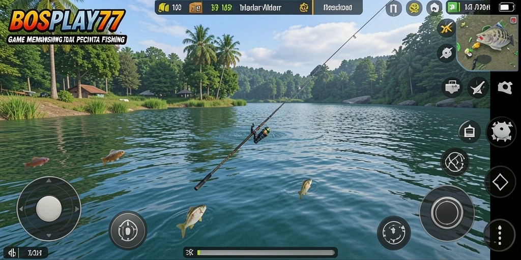 Tampilan gameplay seru dengan berbagai jenis ikan dan lokasi memancing.