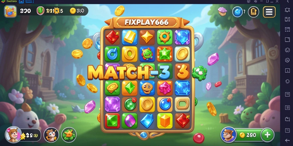 Tampilan screenshot FIXPLAY666 menunjukkan gameplay Match-3 yang seru dan penuh warna.