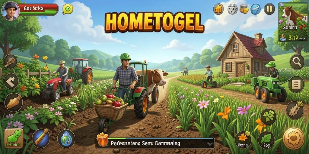 Tampilan gameplay HOMETOGEL yang menampilkan aktivitas pertanian yang seru.