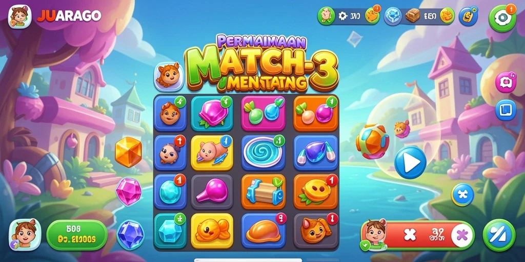 Tangkapan layar gameplay JUARAGO yang menampilkan aksi Match-3 yang seru.
