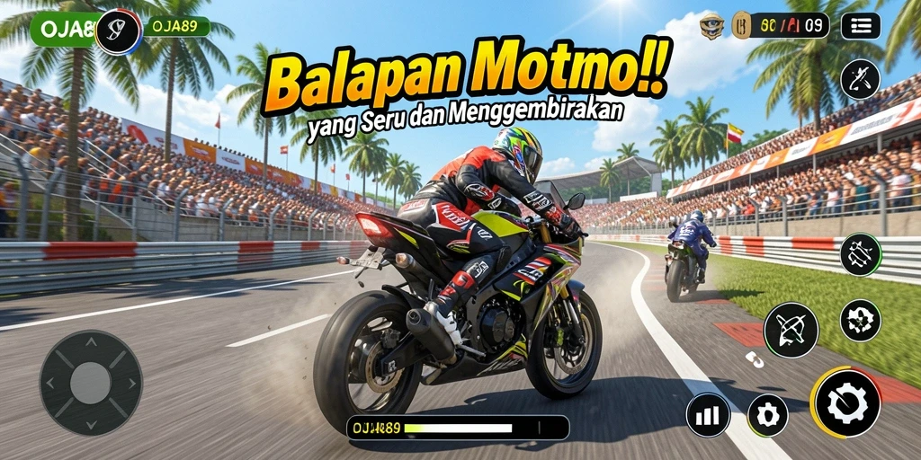 Screenshot gameplay OJA89 menampilkan aksi balapan motor yang mendebarkan.