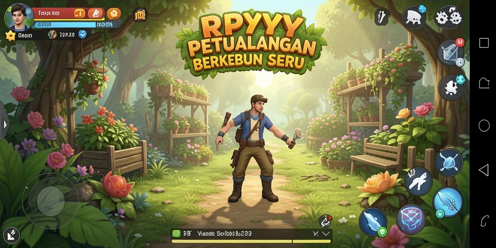 Screenshot gameplay RPYYY menampilkan pertanian yang subur dan tanaman yang beragam.